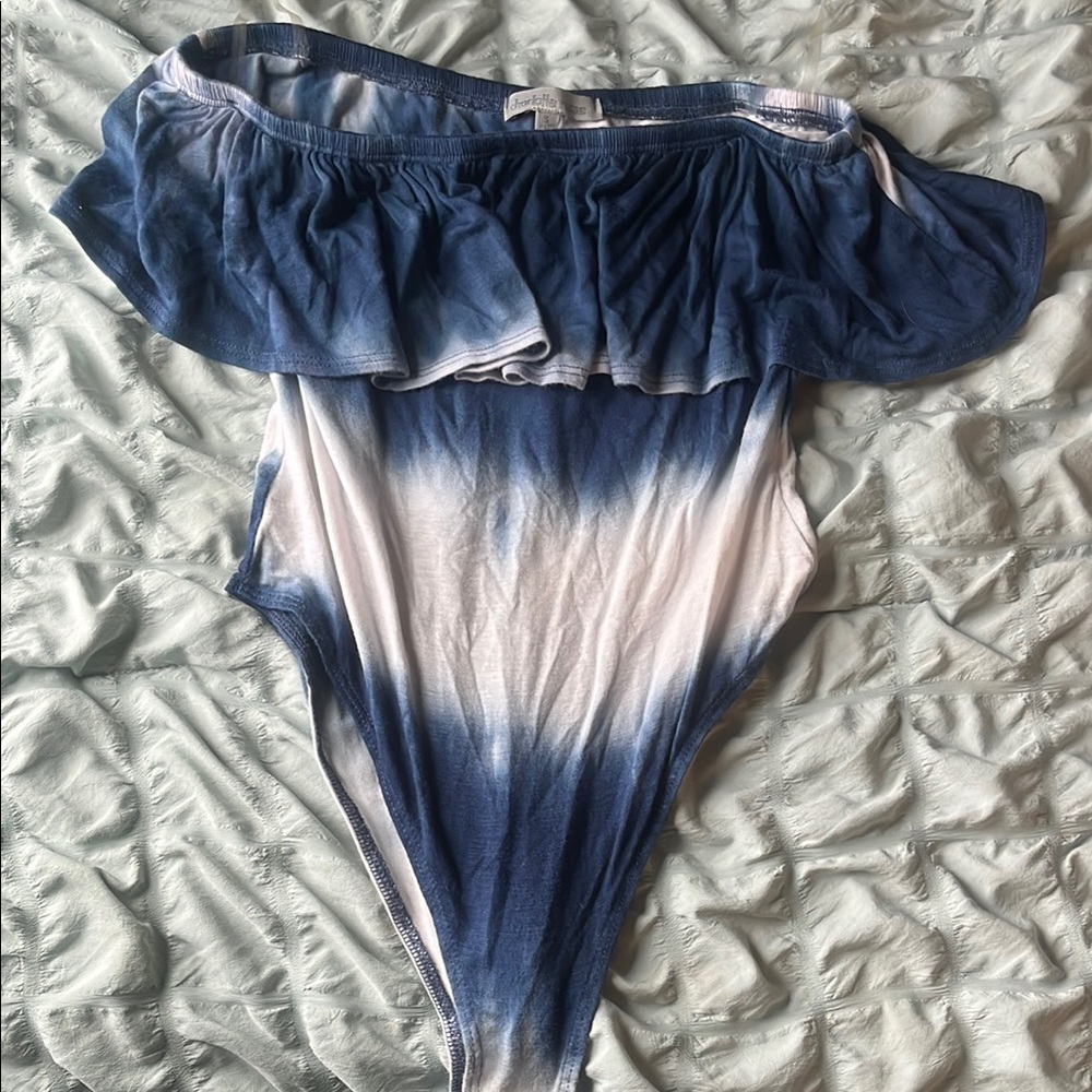 Blue and White Bodysuit with Ruffle Detail